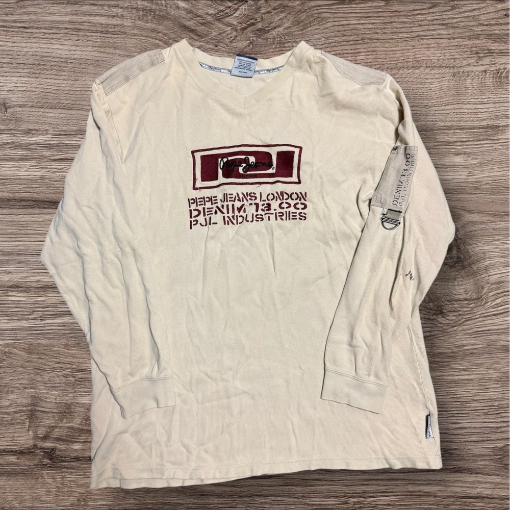 Pepe Jeans XL Long‎ Sleeve Embroidered Logo Y2K Vintage T Shirt Distressed
